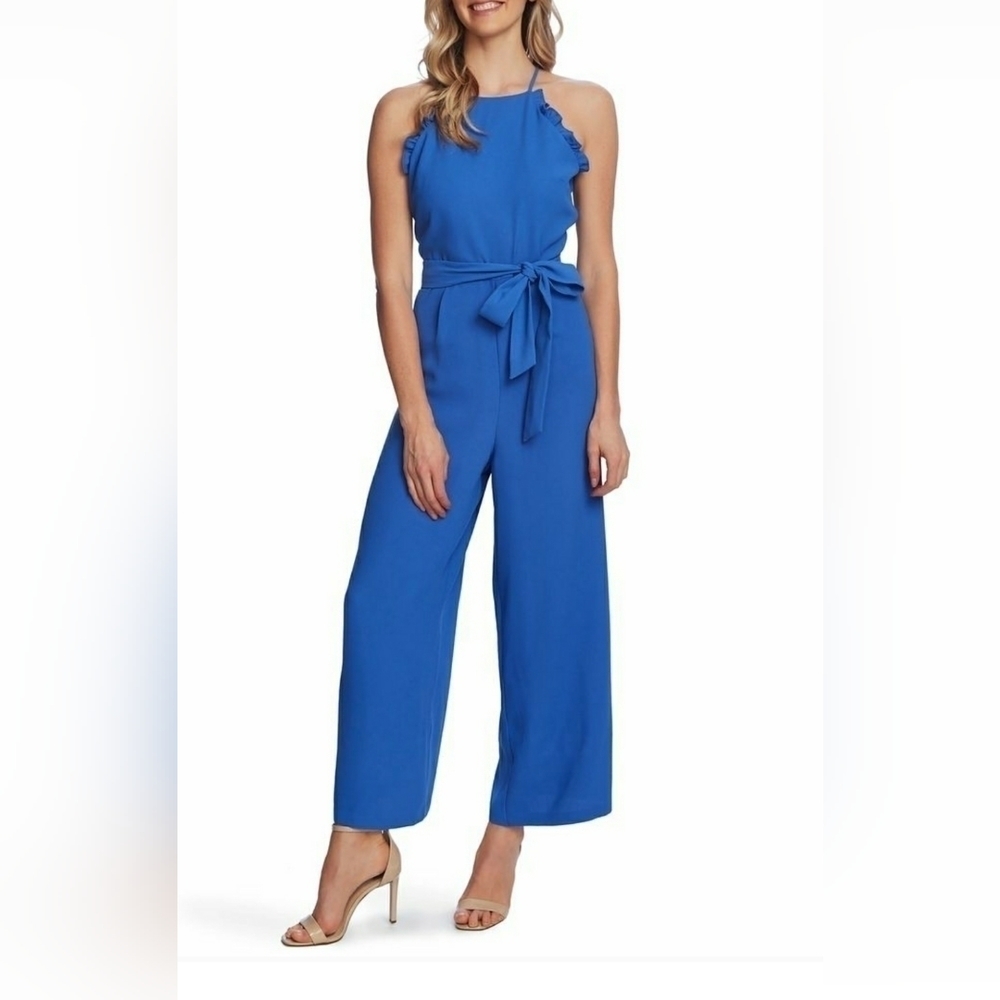 Nwt CeCe Women's Jumpsuit Moonlit Blue Tie-Waist Ruffle-Trim, Size 14.